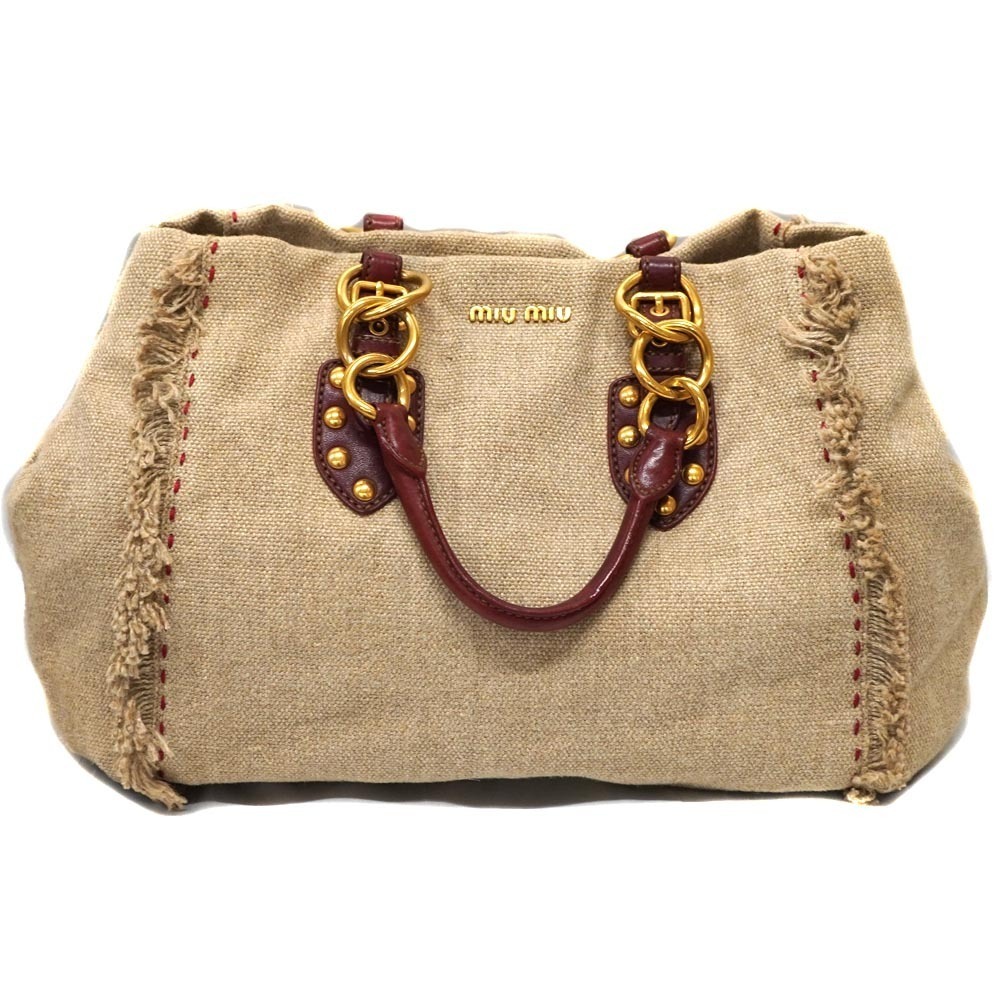 Miu Miu Tote Bag Shoulder Fringe Hemp Brown Beige Red Stitching Handbag